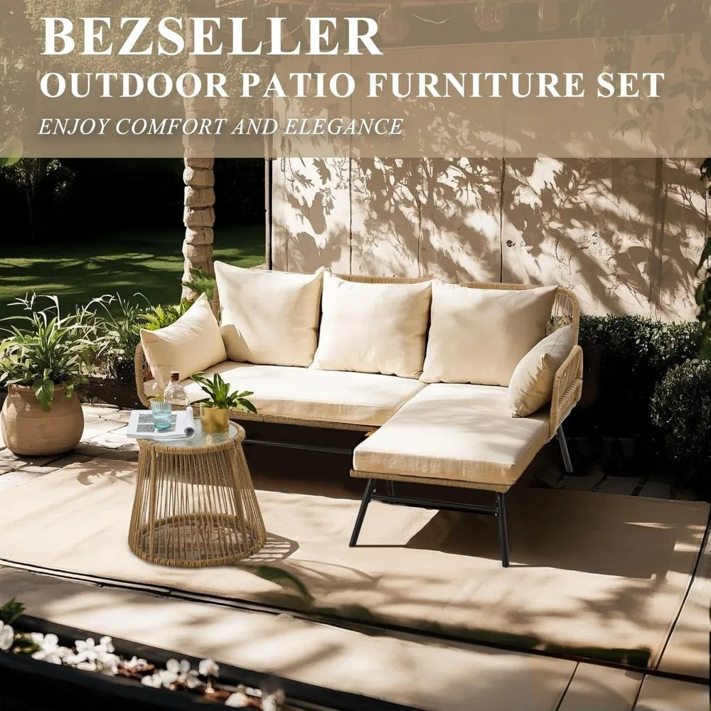 3-Piece Outdoor Patio Furniture Set with Thick Cushions, Glass Coffee Table