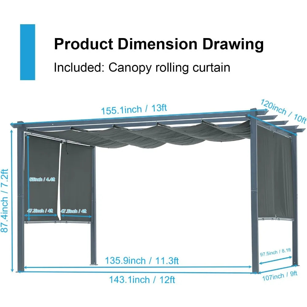 10 x 13 ft Outdoor Pergola with Retractable Shade Canopy