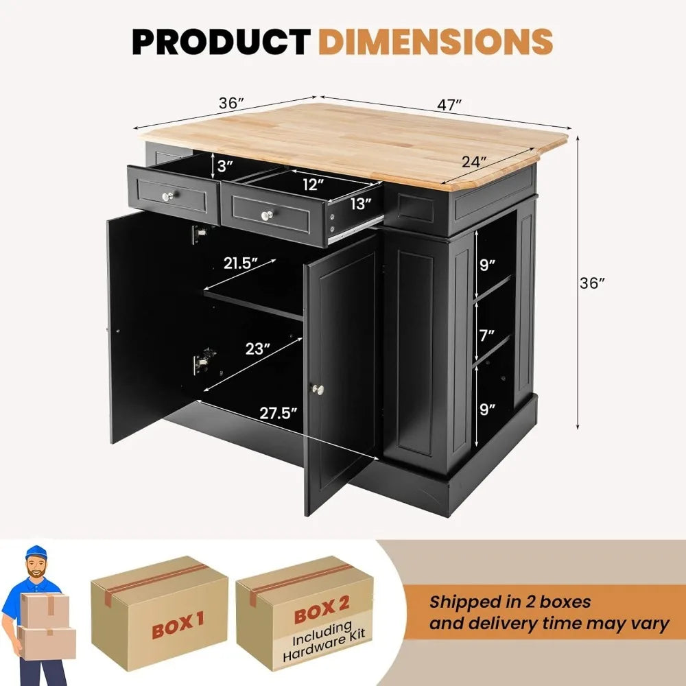 Kitchen island with 2 drawers, 5 adjustable shelves and spice rack