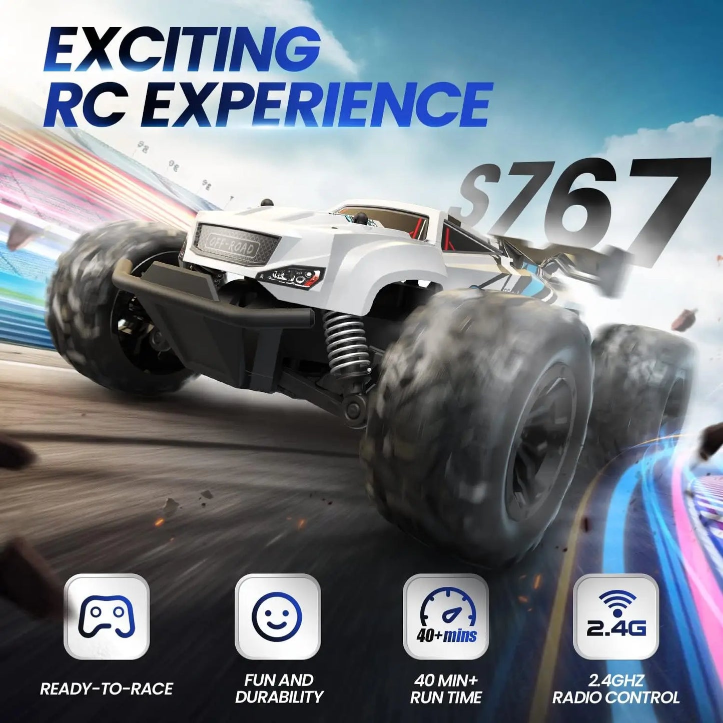 All-Terrain RC Truck: Age 8-12, 2 Batteries, 40 Min Play, Off-Road