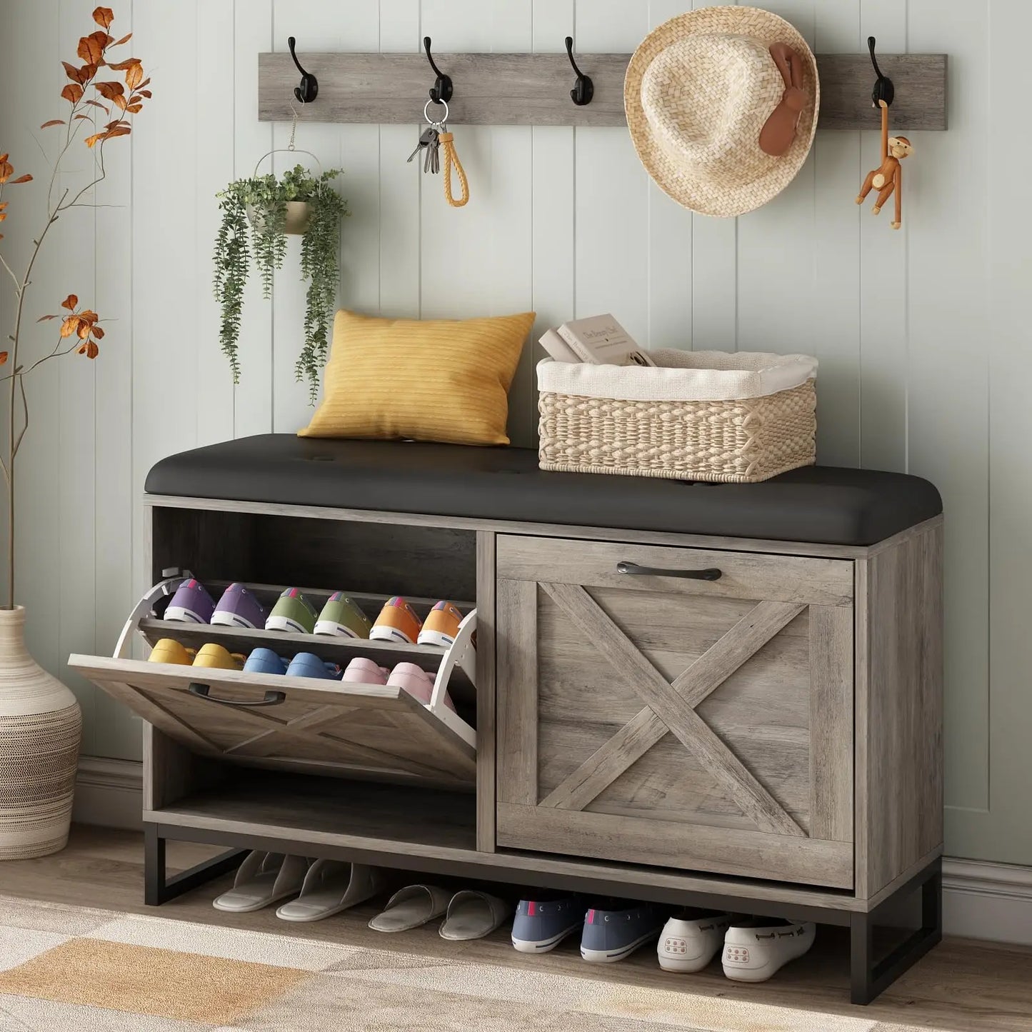 Wooden Shoe Cabinet with Padded Seat Cushion for Entryway