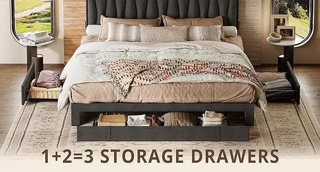 King Size Bed Frame with Storage Headboard and Charging Station