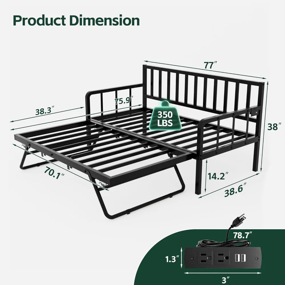 Twin Bed Frame with Charging Station and LED Lights