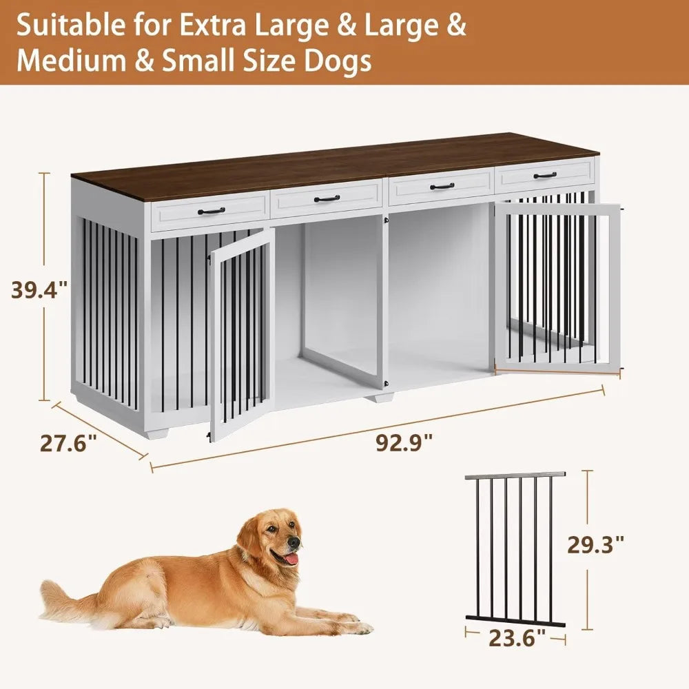 92.9" Super Large Dog Crate Furniture, with 4 Drawers and Divider