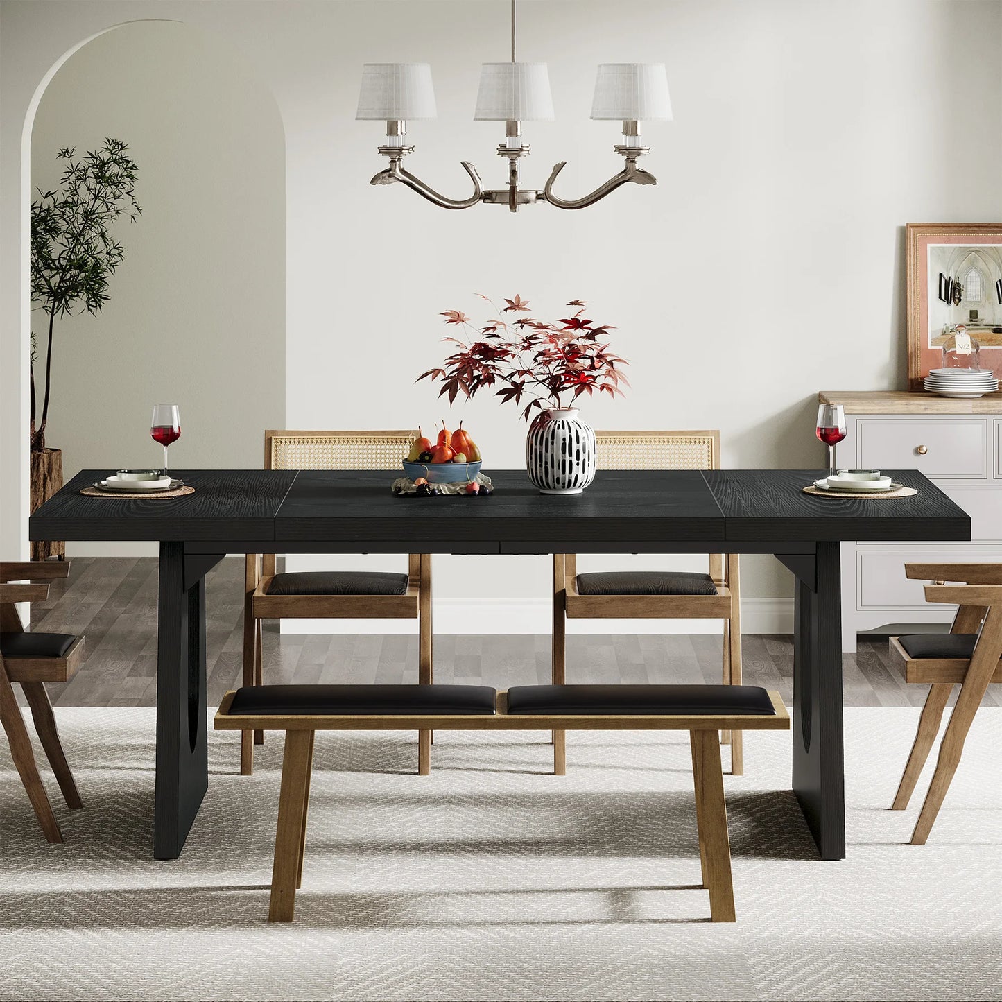 70.9-Inch Wood Rustic Rectangular Table with Black Wooden Legs