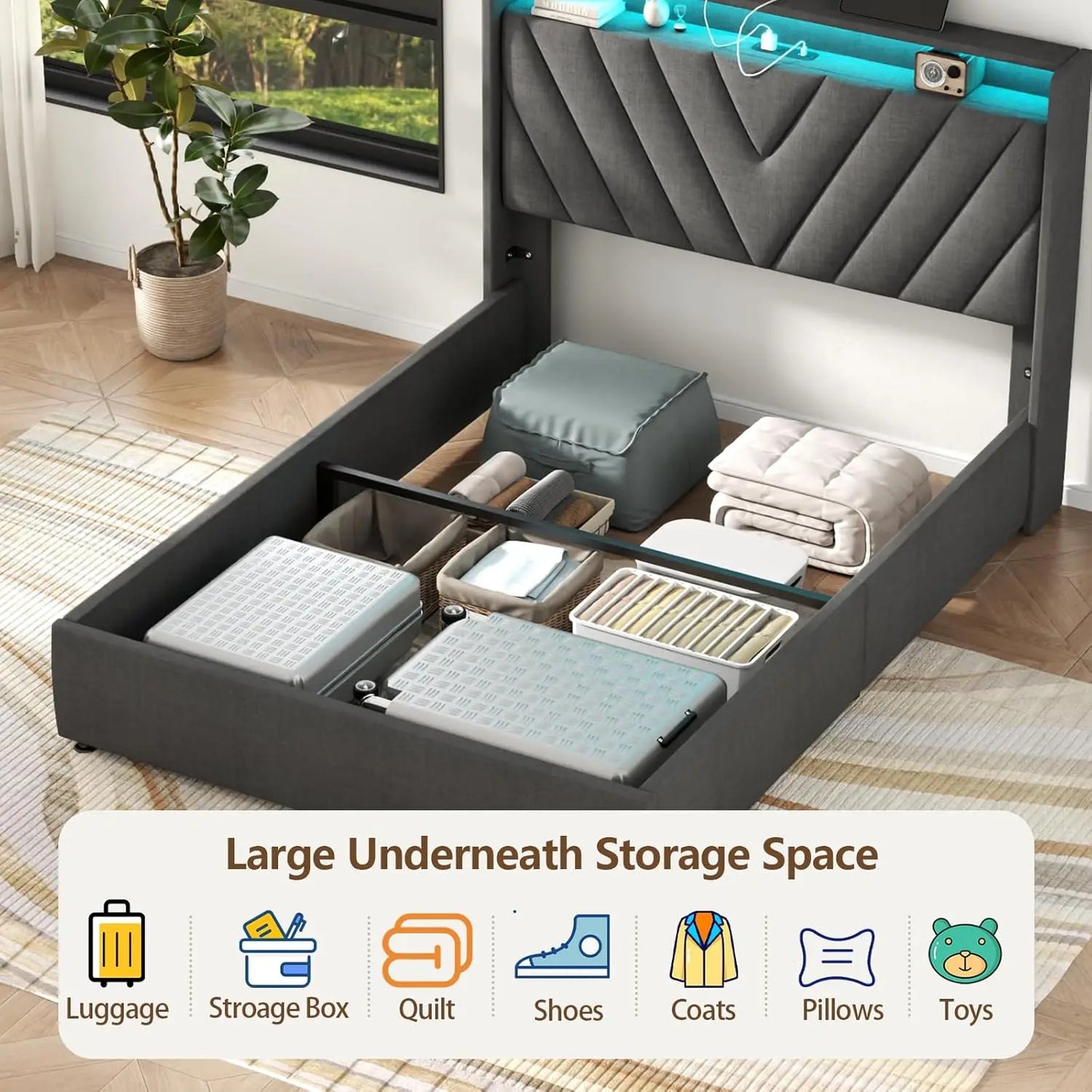 Full Lift Up Bed Frame with Charging Station & LED Lights