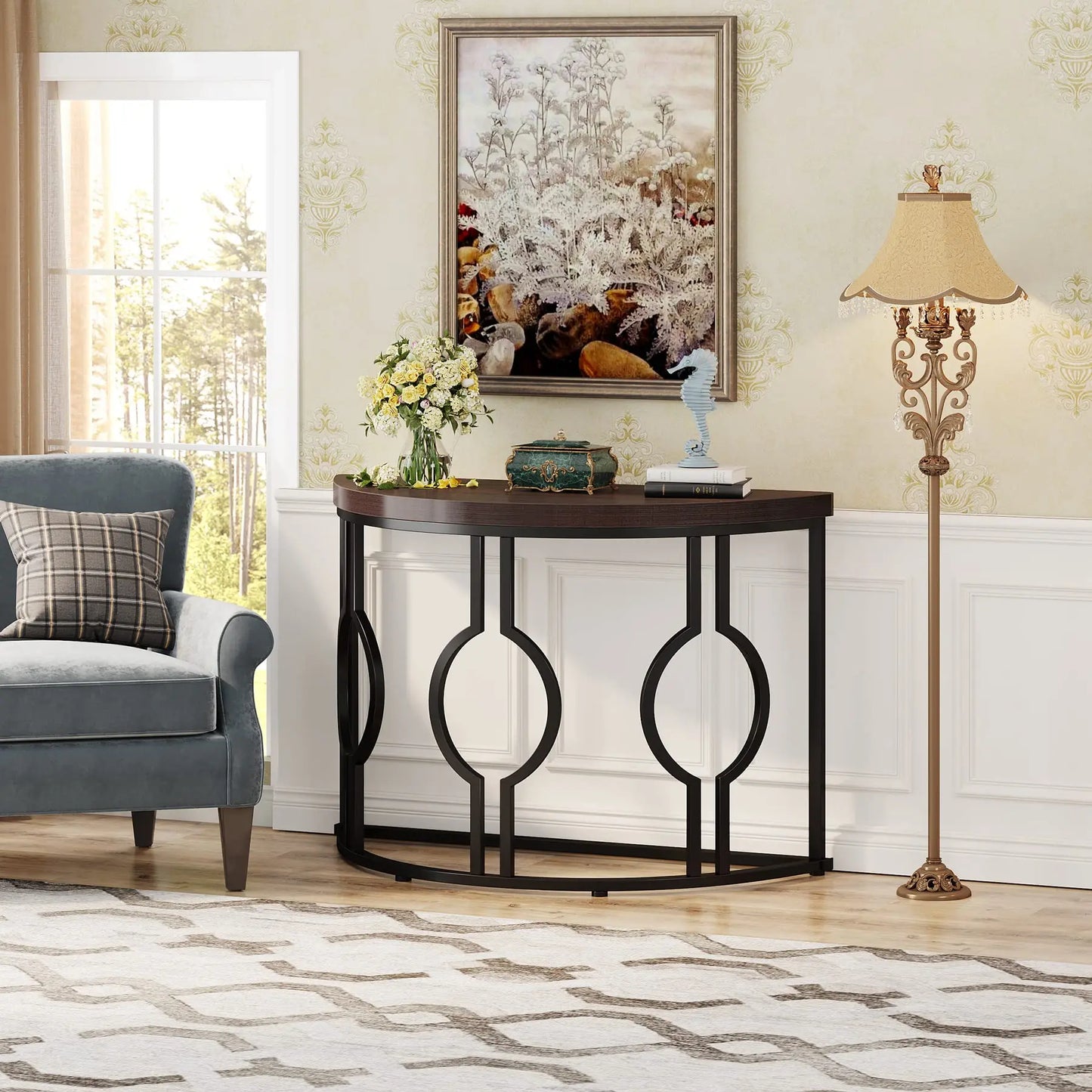 Half Moon Semi Circle Sofa Table with Geometric Base
