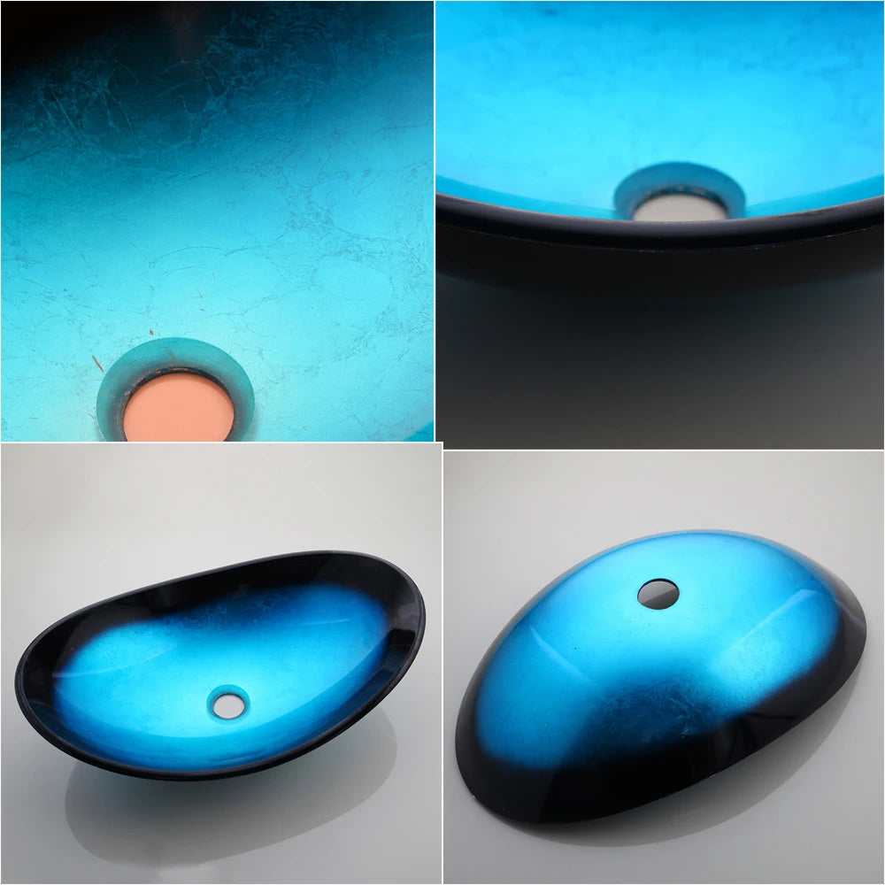 Tempered Glass Washbasin Vessel Sink with Black Waterfall Faucet