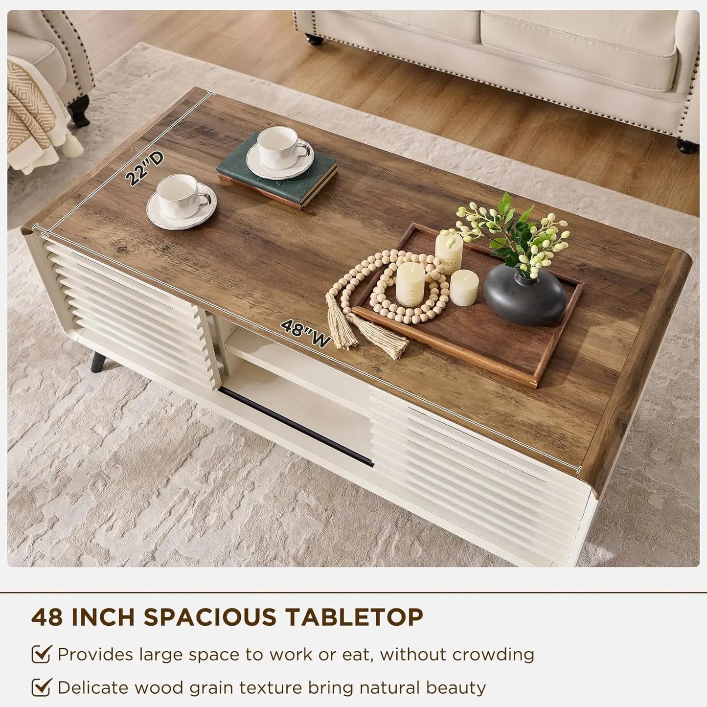 48" Lift Top Coffee Table with Slatted Sliding Door