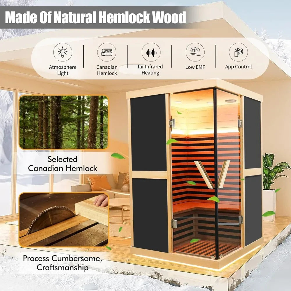 infrared sauna, 1980W phototherapy lamp, Canadian fir wood, 2-3 people, home with Bluetooth speaker, indoor dry sauna