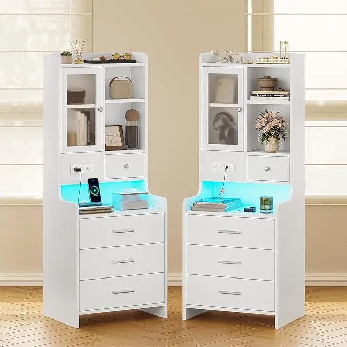 49.2" Black Nightstand Set of 2 with Charging Station