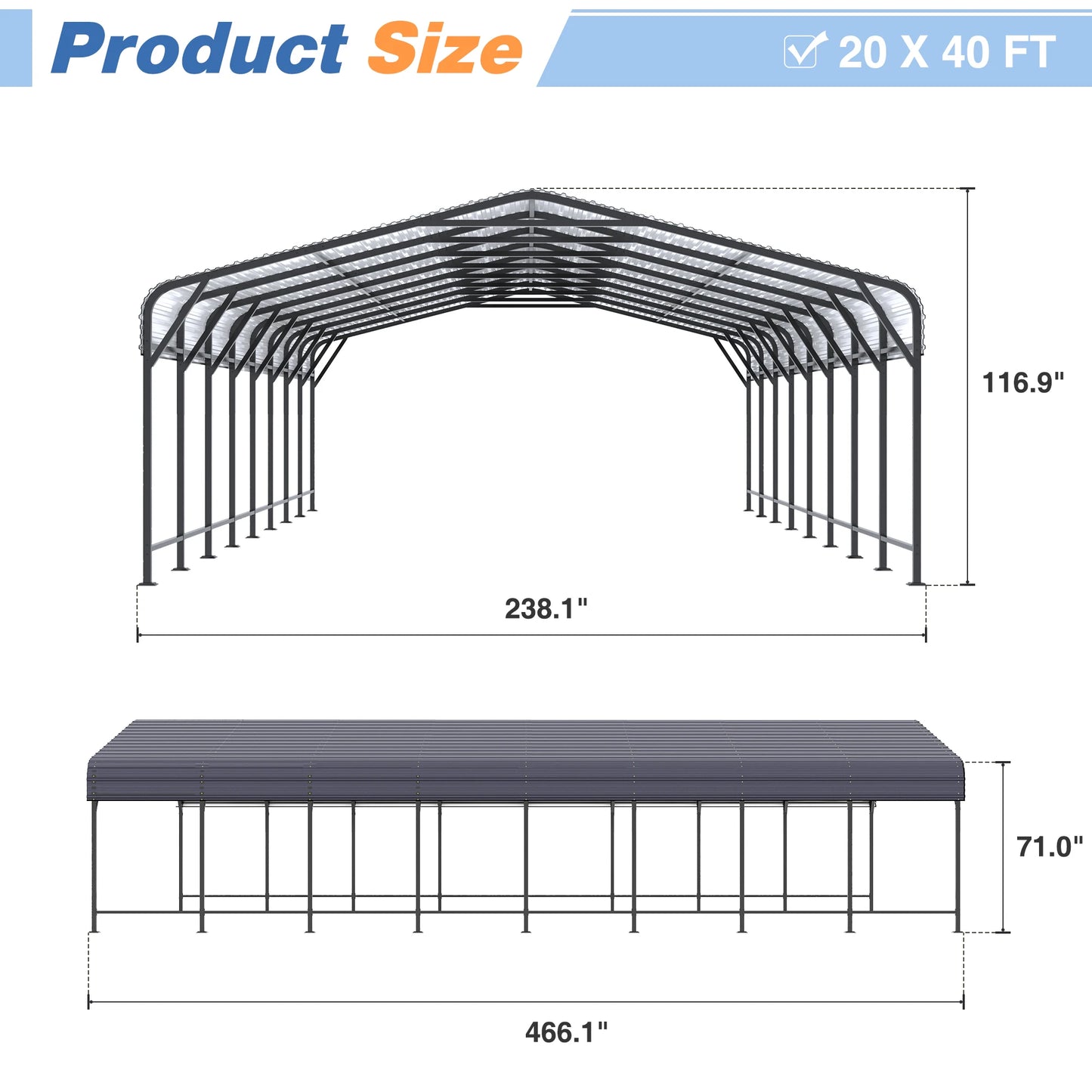 10x15~20x40FT Multi-Size Metal Carport with sturdy base
