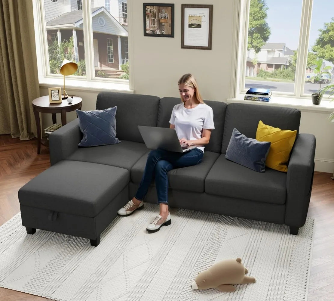 78''L Shaped Dark Grey 3-Seater Convertible Sofas