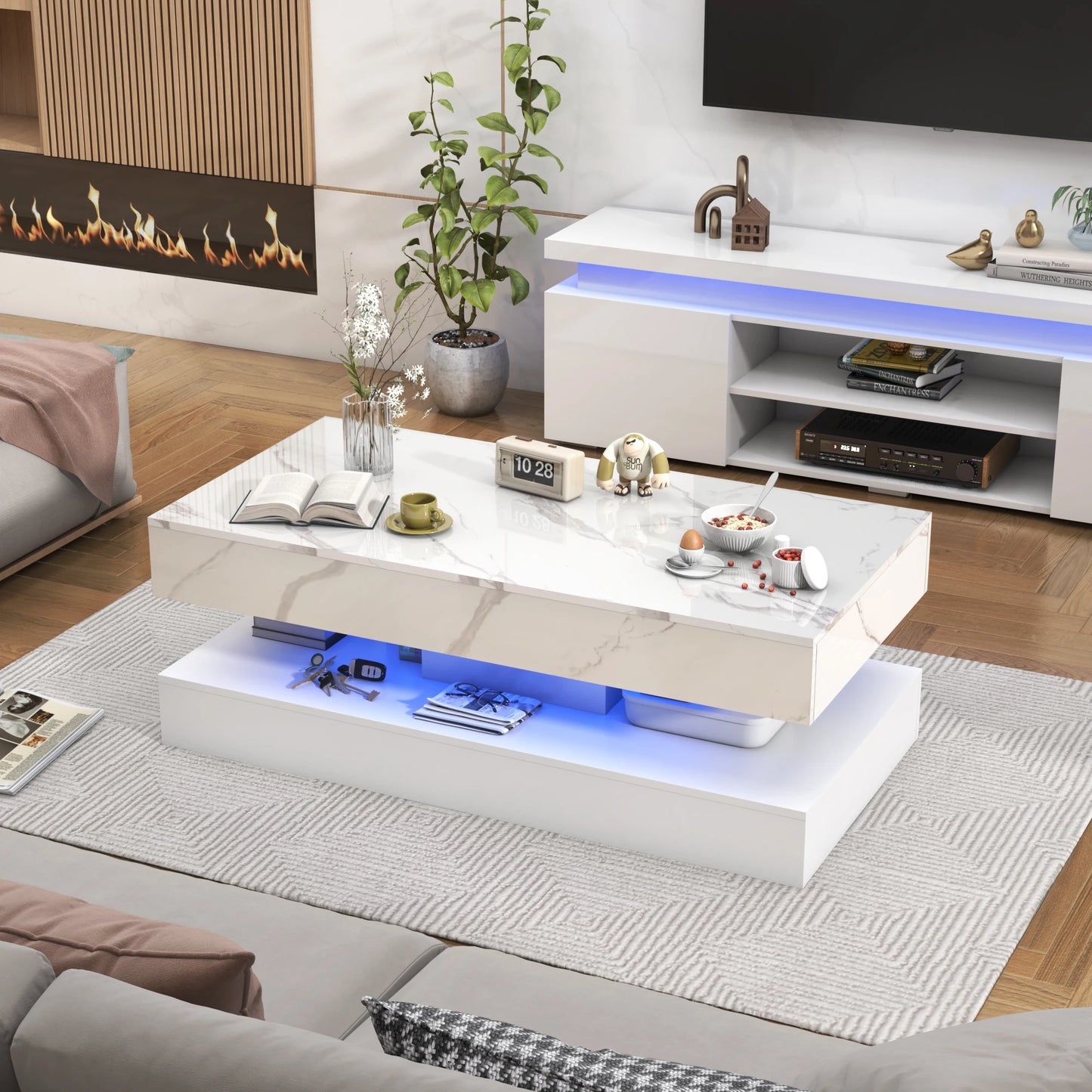 Double-Layer Design for Living Room Coffee Table with 2 Storage Drawers