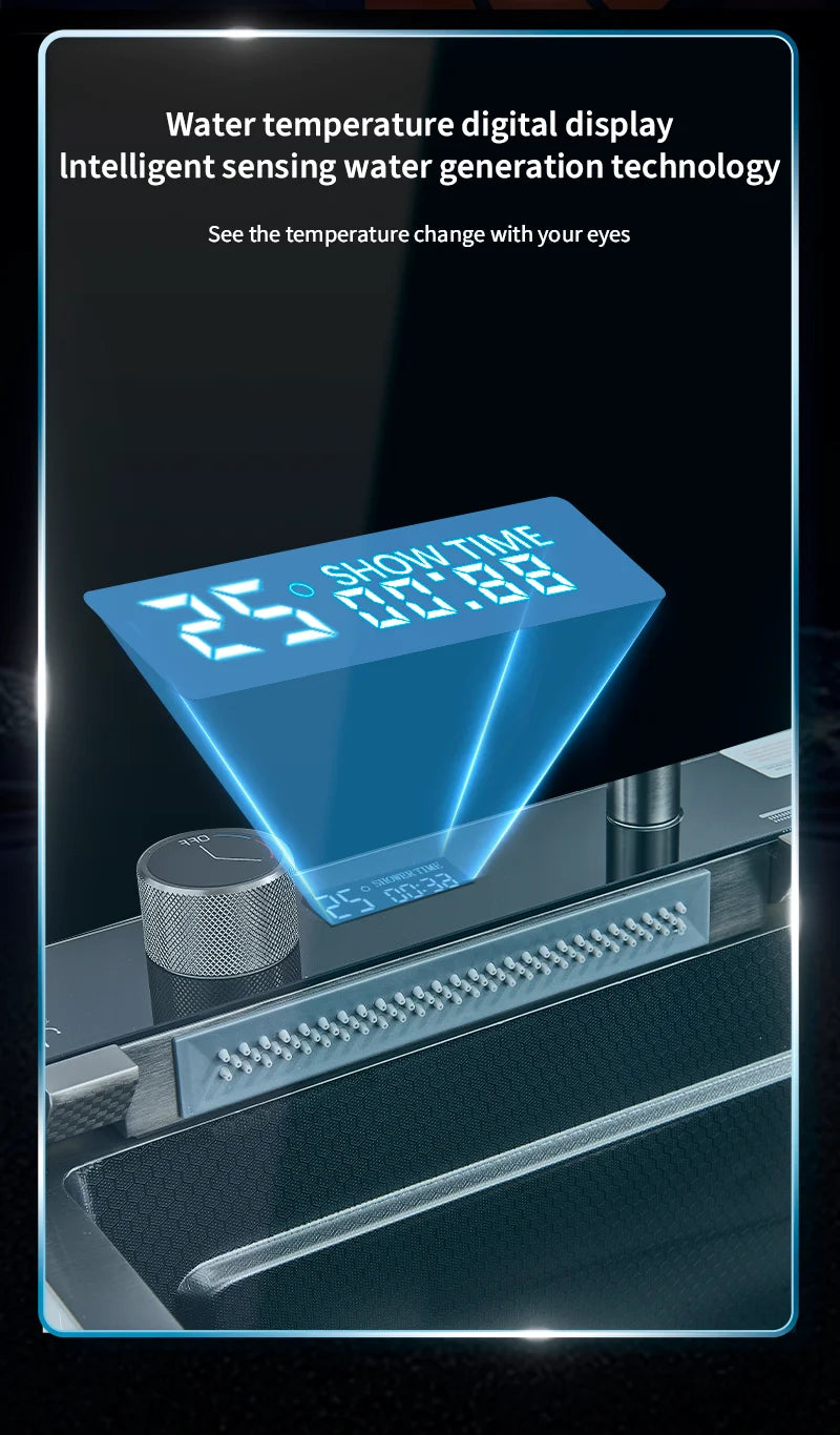 304 Stainless Steel Waterfall Kitchen Sink with Digital Display