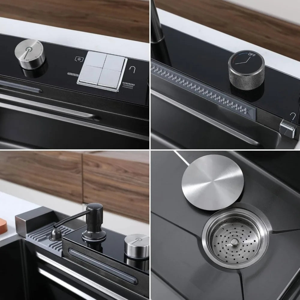 Smart Digital Display Kitchen Sink Embossed Large Single Groove 304 Stainless Steel Nano Black Raindance Waterfall Sink with Pre