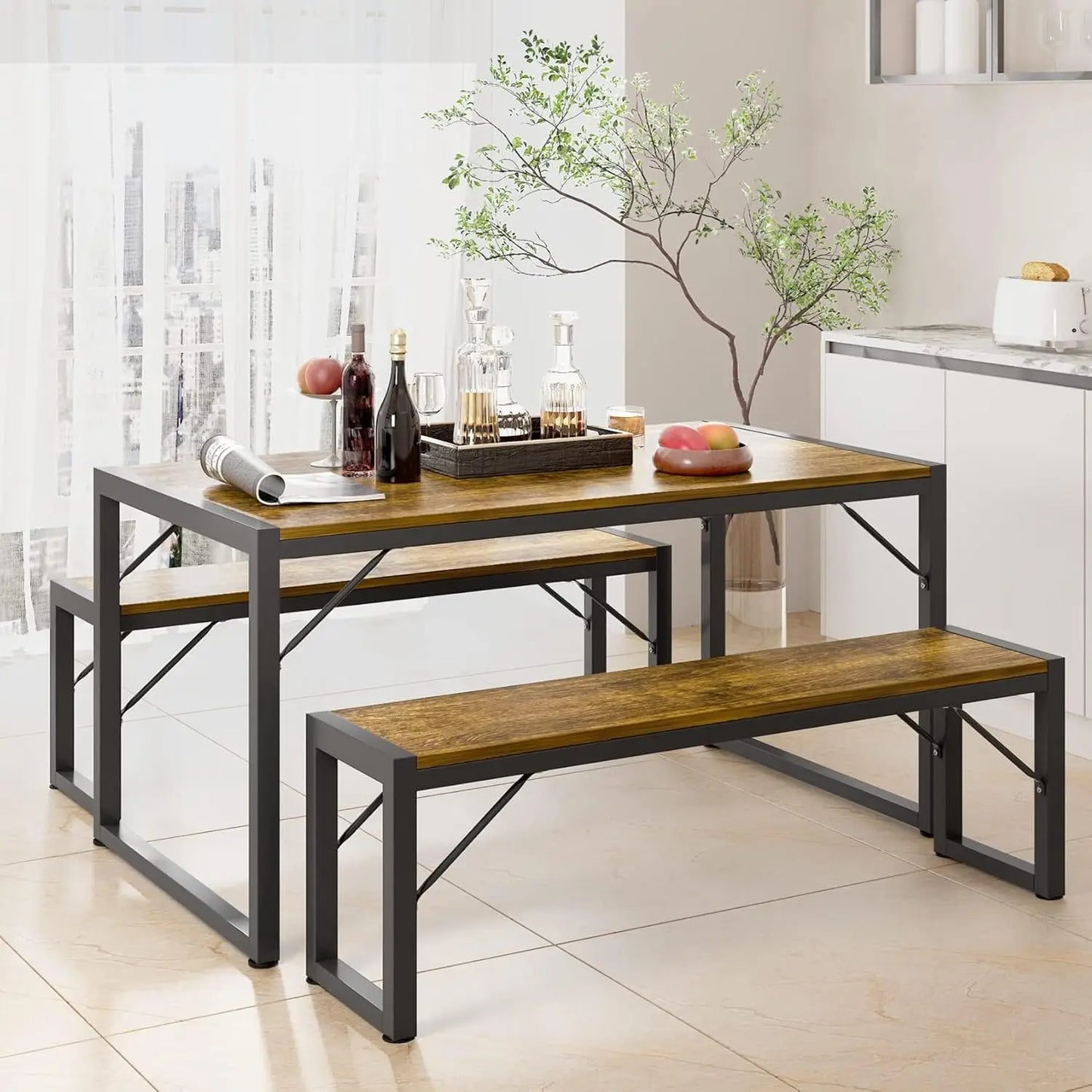 Dining Table Set for 4 with 2 Benches