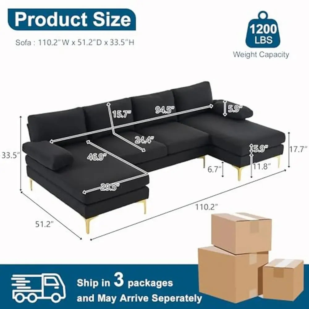 110" Black U-Shaped Sectional Sofa with Double Chaise Lounge Seat