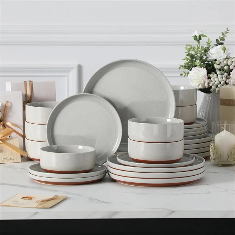 18Pcs Grey Ceramic Plates and Bowls Dinnerware Set.