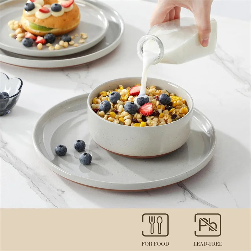 18Pcs Grey Ceramic Plates and Bowls Dinnerware Set.