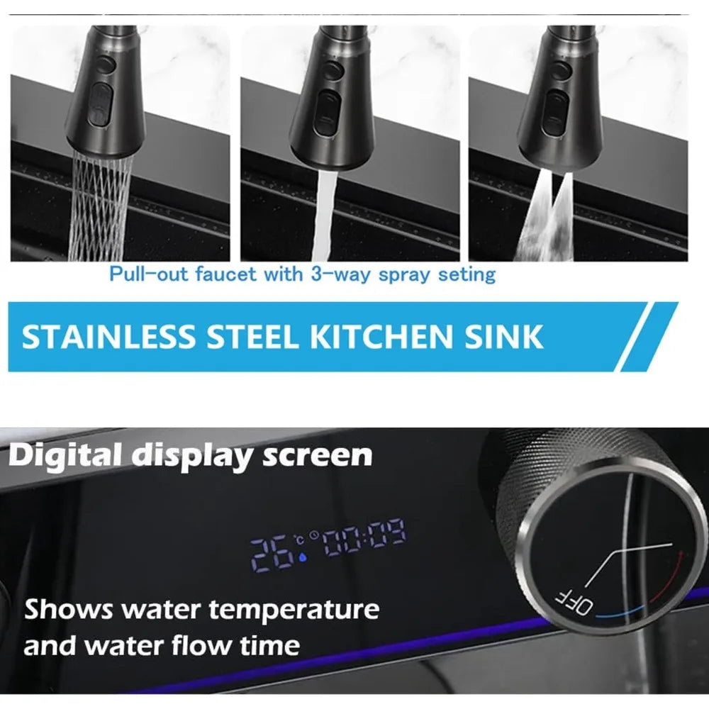 Smart Digital Display Kitchen Sink Embossed Large Single Groove 304 Stainless Steel Nano Black Raindance Waterfall Sink with Pre