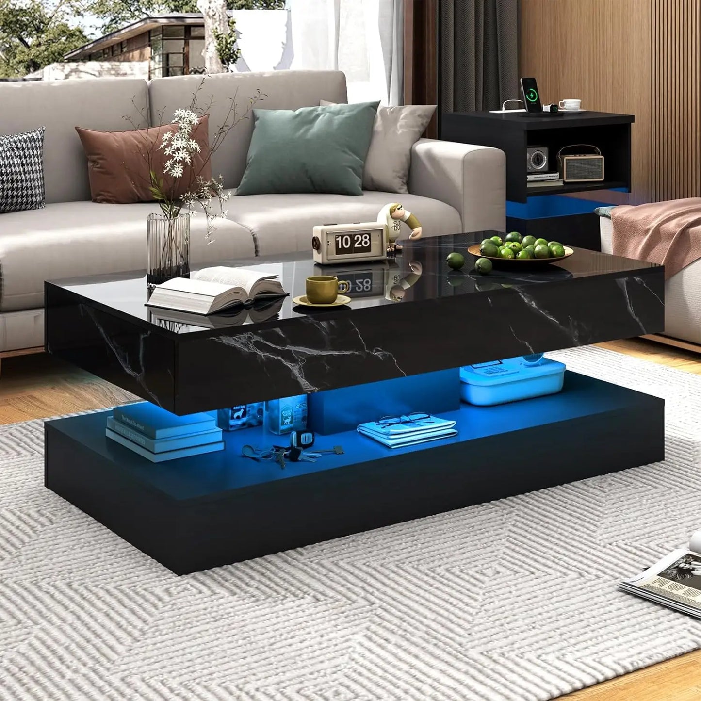 Double-Layer Design for Living Room Coffee Table with 2 Storage Drawers