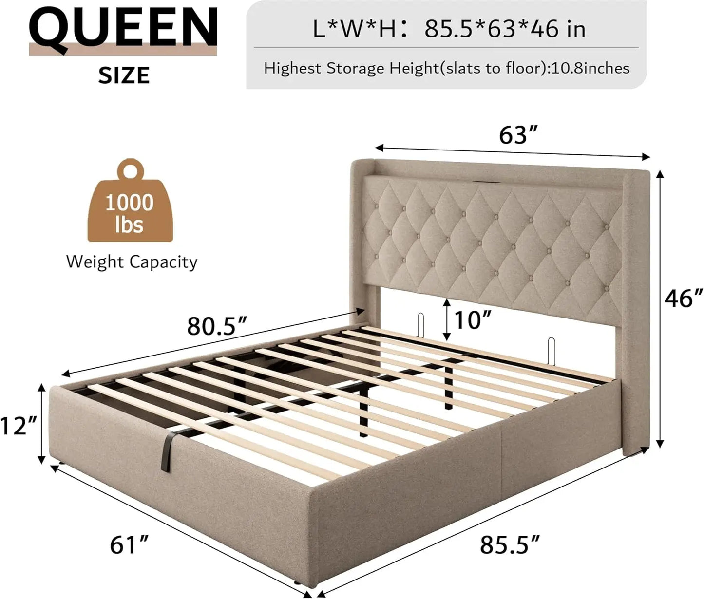 Queen Size Lift Up Storage Bed Frame with Charging Station