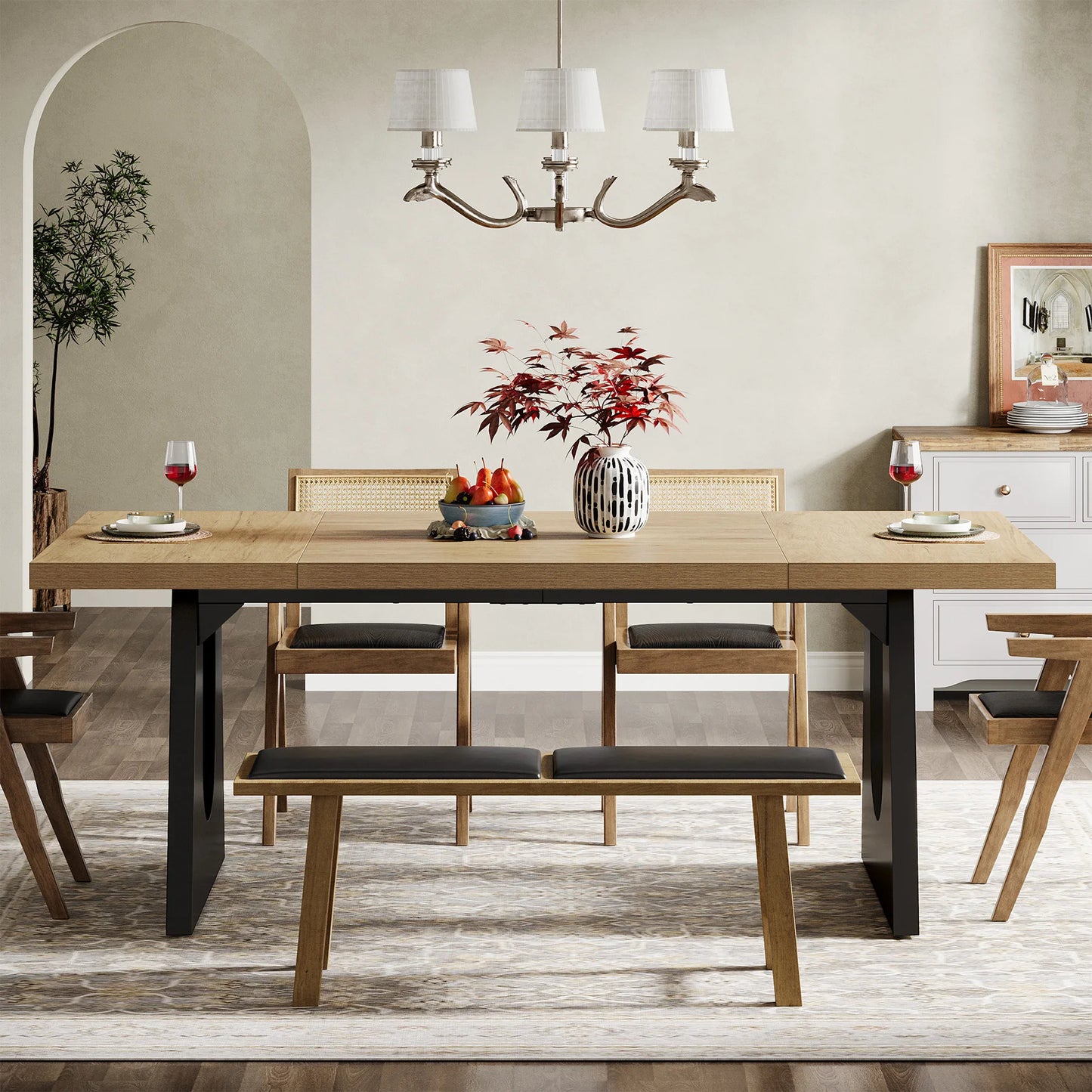 70.9-Inch Wood Rustic Rectangular Table with Black Wooden Legs