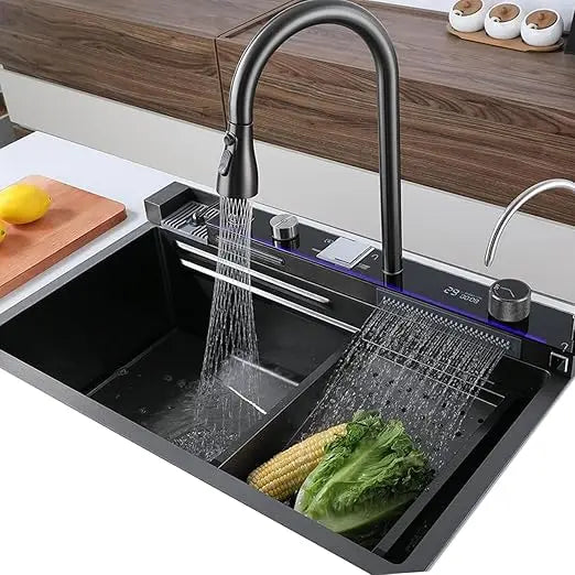 Smart Digital Display Kitchen Sink Embossed Large Single Groove 304 Stainless Steel Nano Black Raindance Waterfall Sink with Pre