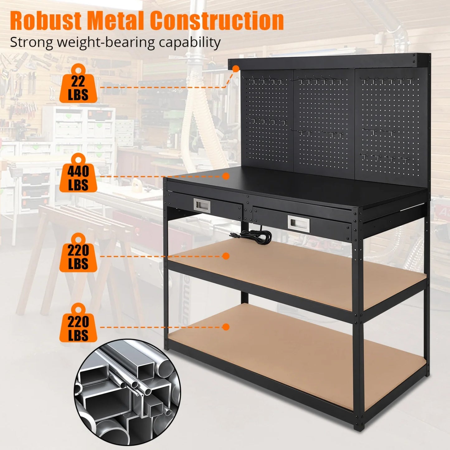 3-Tier Heavy Duty Worktable with 2 Drawers with Hanging Hooks