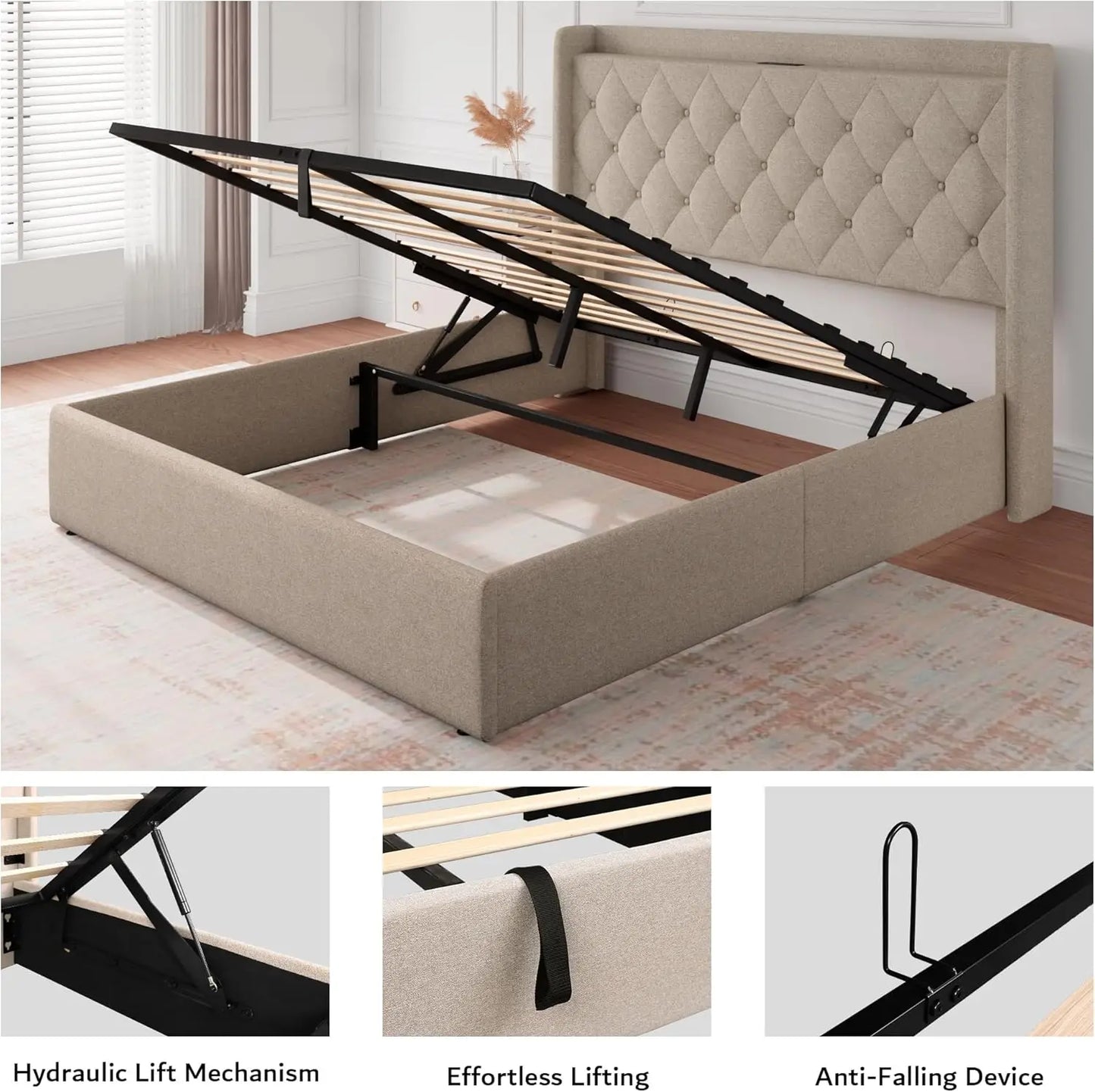 Queen Size Lift Up Storage Bed Frame with Charging Station
