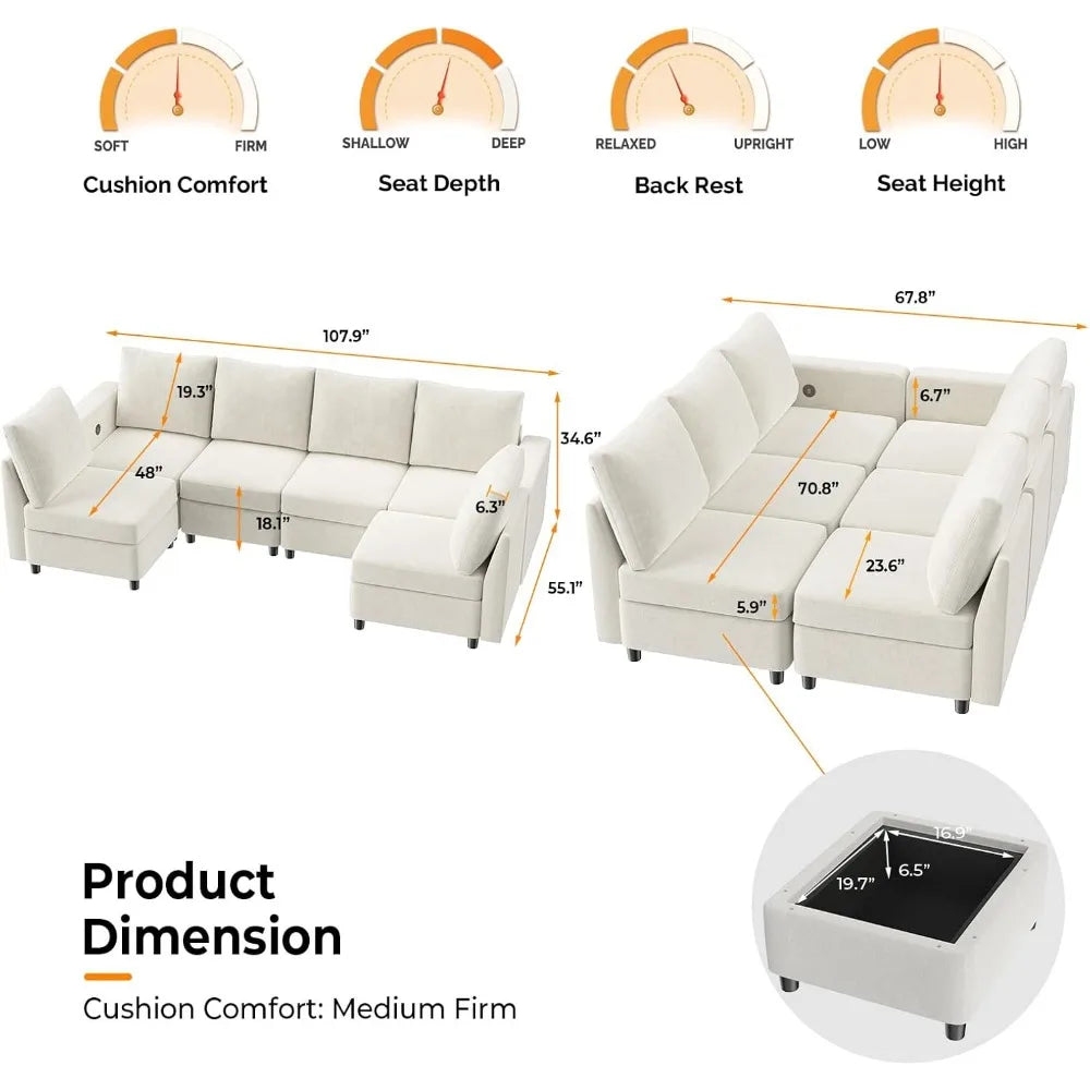 Oversized Modular Sectional Sofa with Storage and USB Chargers