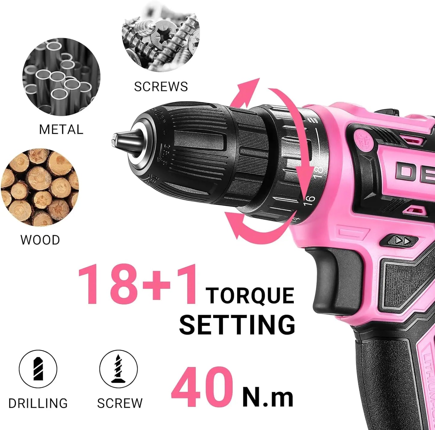Power Drill Pink Cordless Drill 20V Electric Power Drill Set