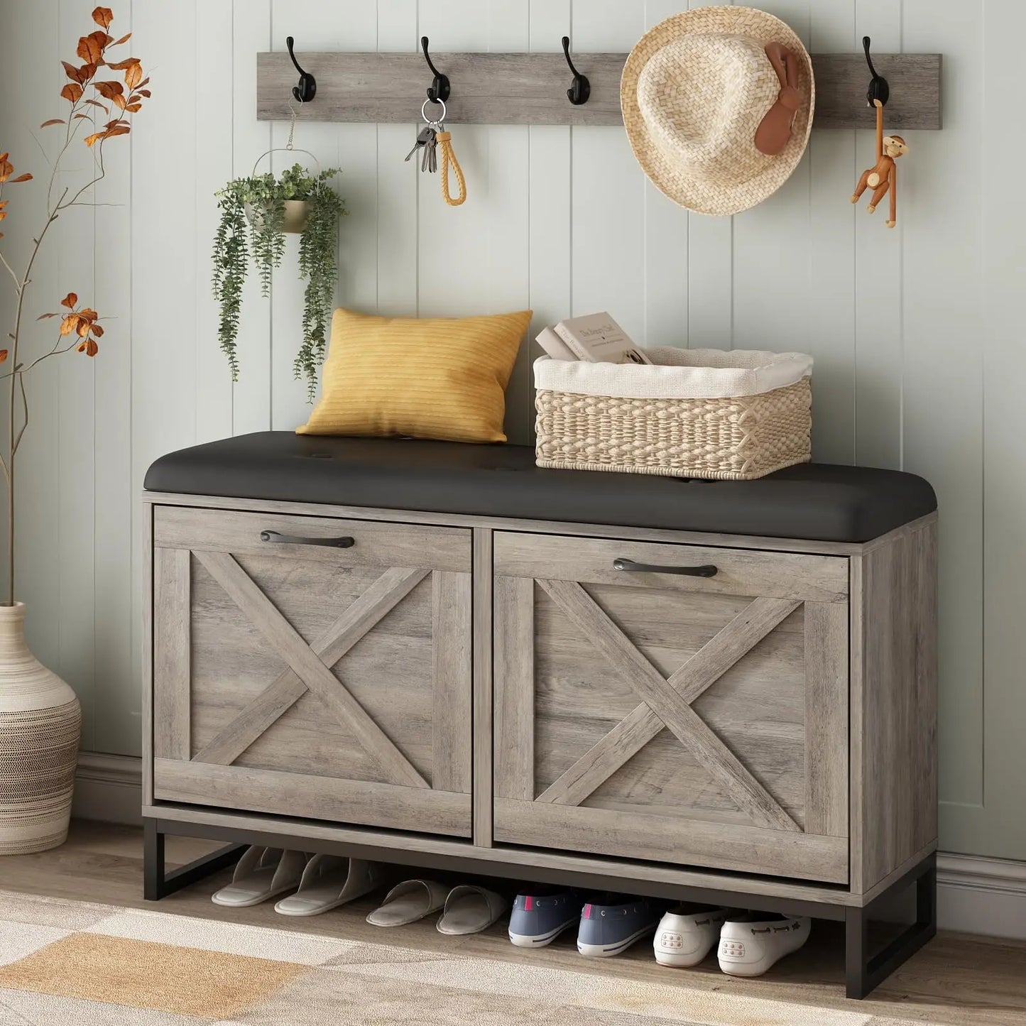 Wooden Shoe Cabinet with Padded Seat Cushion for Entryway