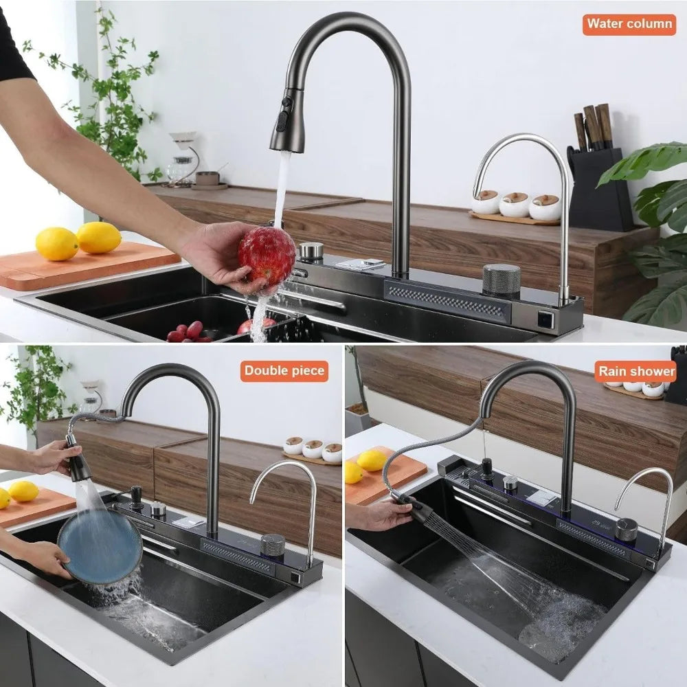 Smart Digital Display Kitchen Sink Embossed Large Single Groove 304 Stainless Steel Nano Black Raindance Waterfall Sink with Pre