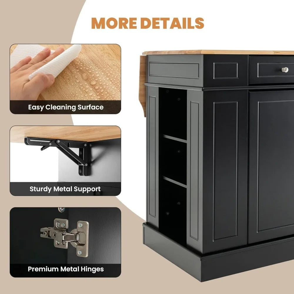 Kitchen island with 2 drawers, 5 adjustable shelves and spice rack