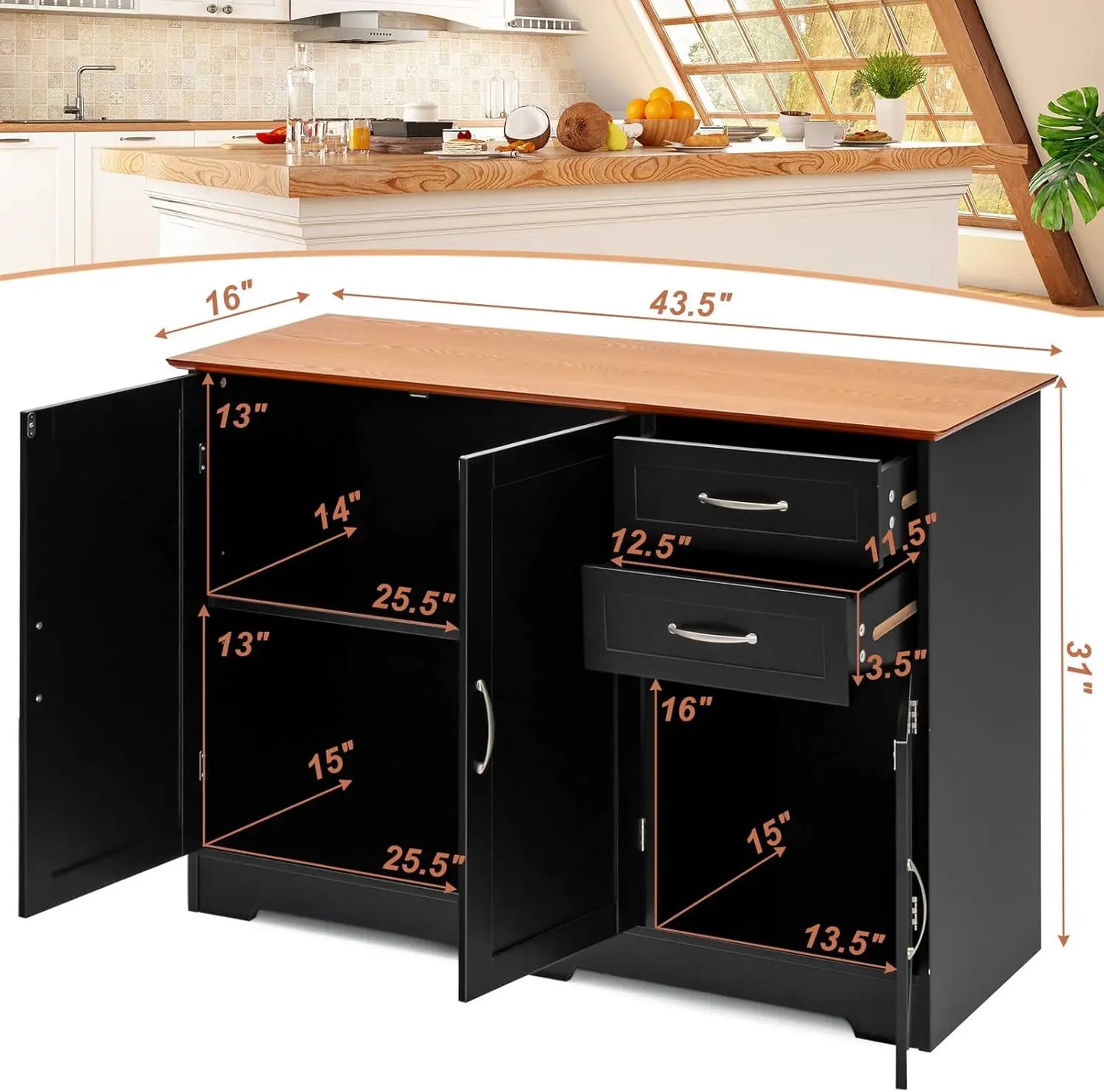 Buffet Cabinet With 3 Doors, 2 Drawers & Adjustable Shelf Console
