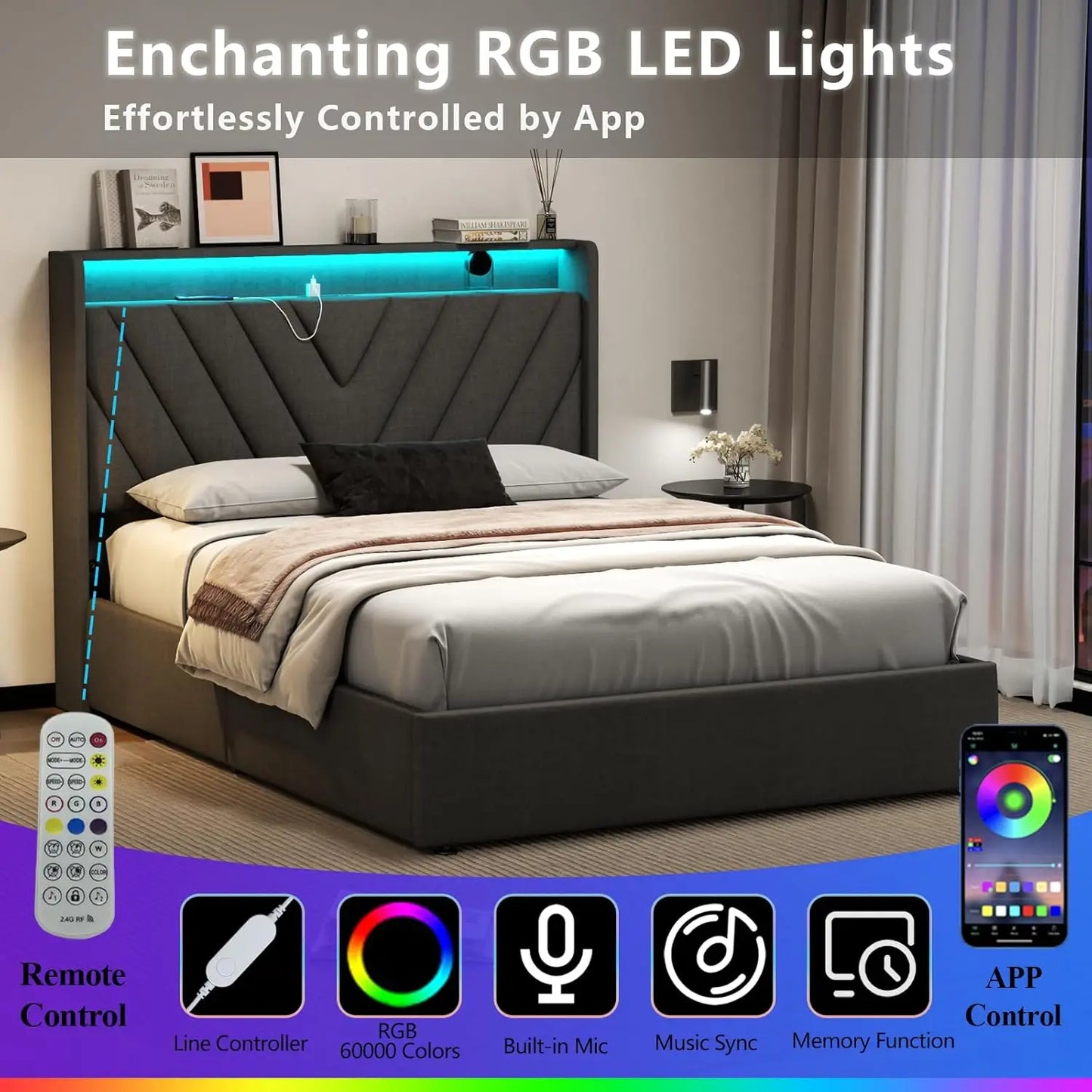 Full Lift Up Bed Frame with Charging Station & LED Lights