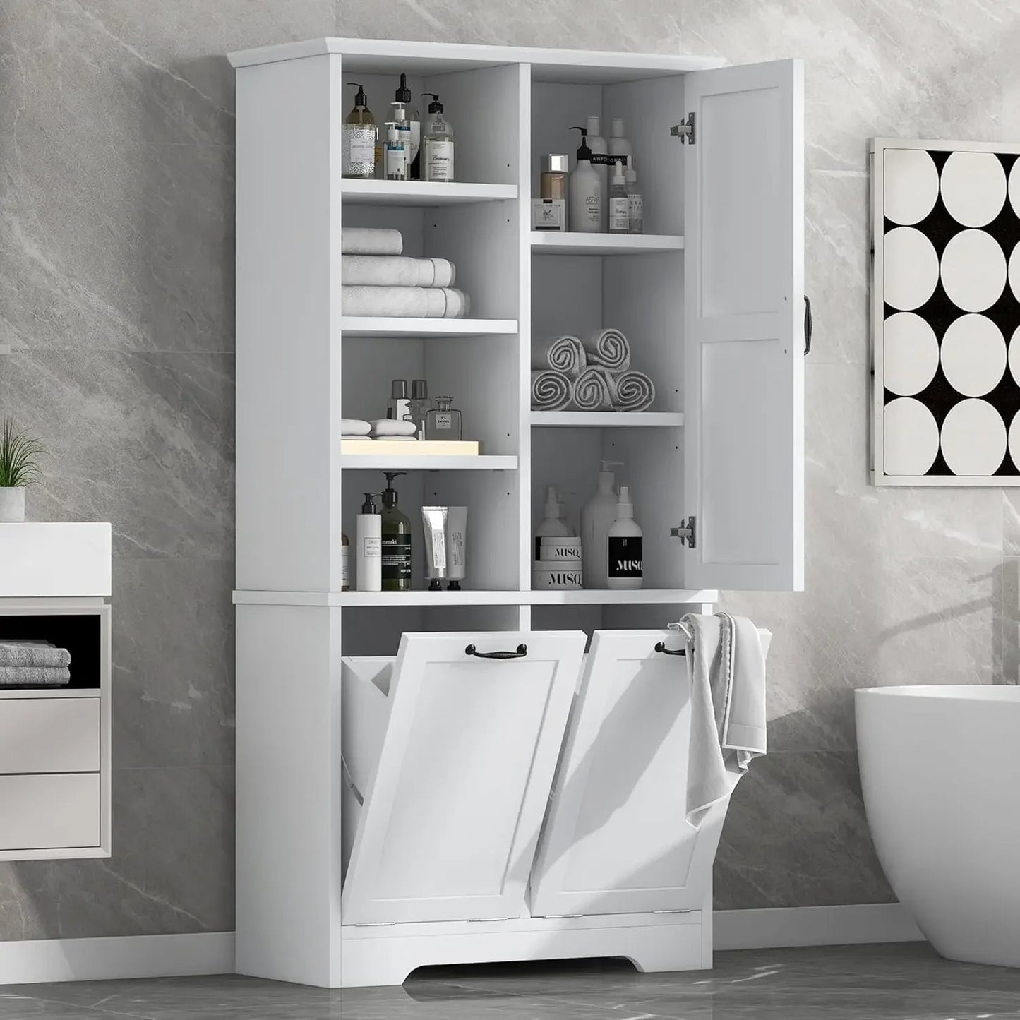 Bathroom Storage Cabinet with 2 Tilt Out Laundry Hamper
