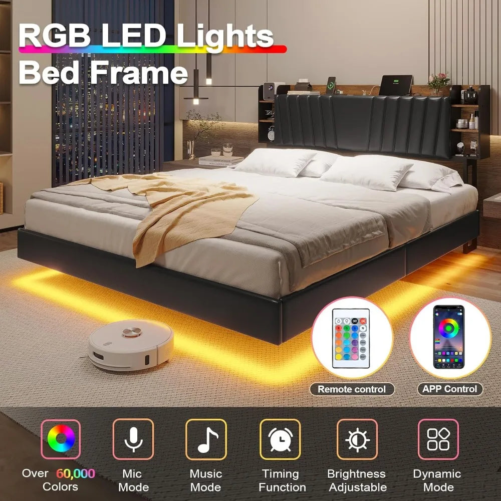 California King Floating Led Bed Frame with Hidden Storage