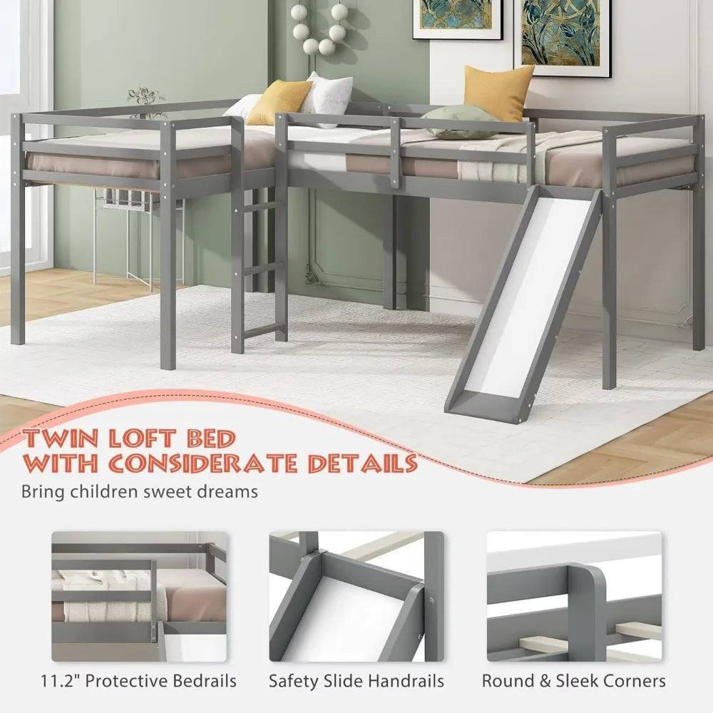 Twin Size Double Loft Bed with Slide and Ladder
