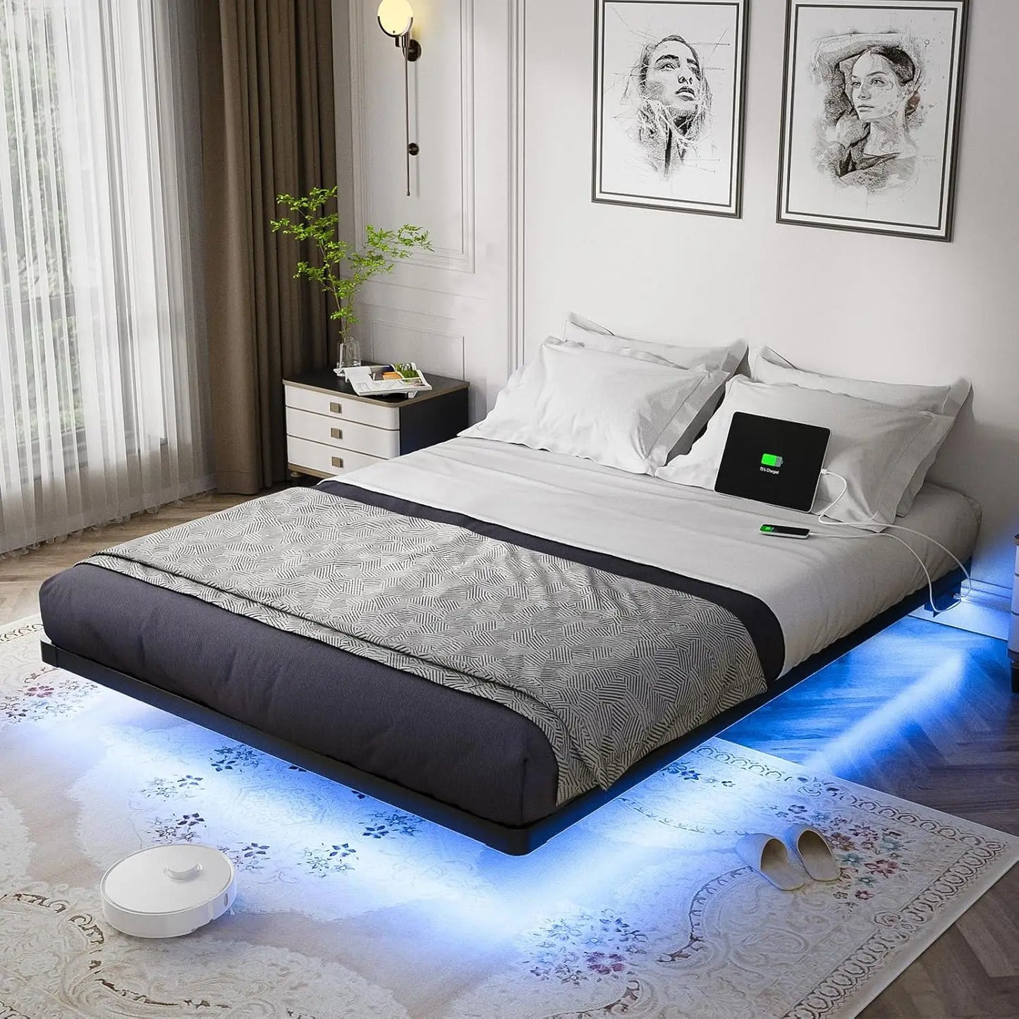 Queen Size Floating Bed Frame with Smart LED Lights