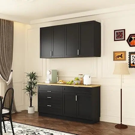 Wall-Mounted Pantry Cabinet Set with Doors & Countertop