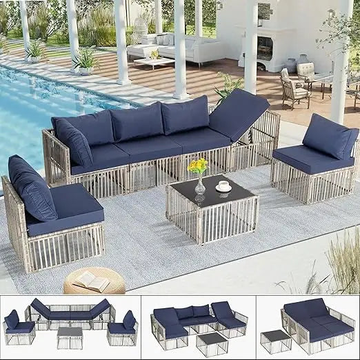 7 Pieces Outdoor Patio Furniture Set with Adjustable Backrest Sofa