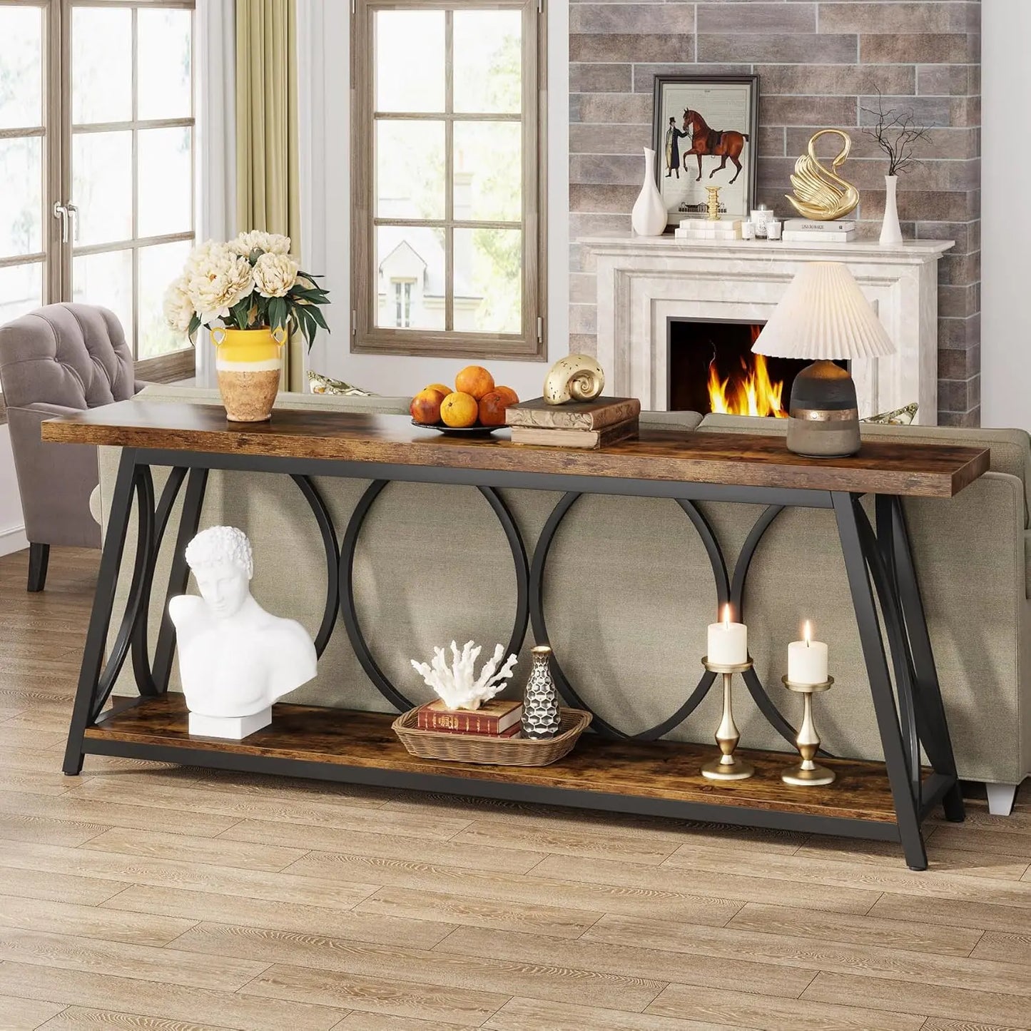 70.9 inch Long Console Table with 2 Tier Storage Shelf
