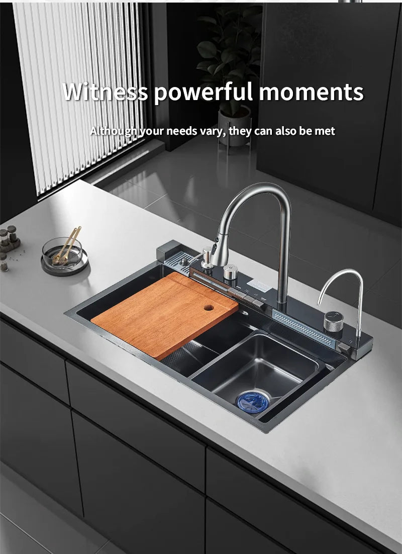 304 Stainless Steel Waterfall Kitchen Sink with Digital Display