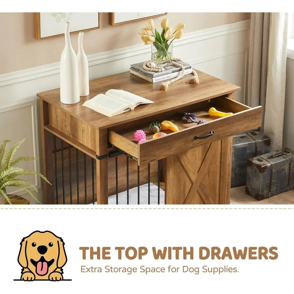 Farmhouse Wooden Dog Kennel Furniture with Sliding Barn Door