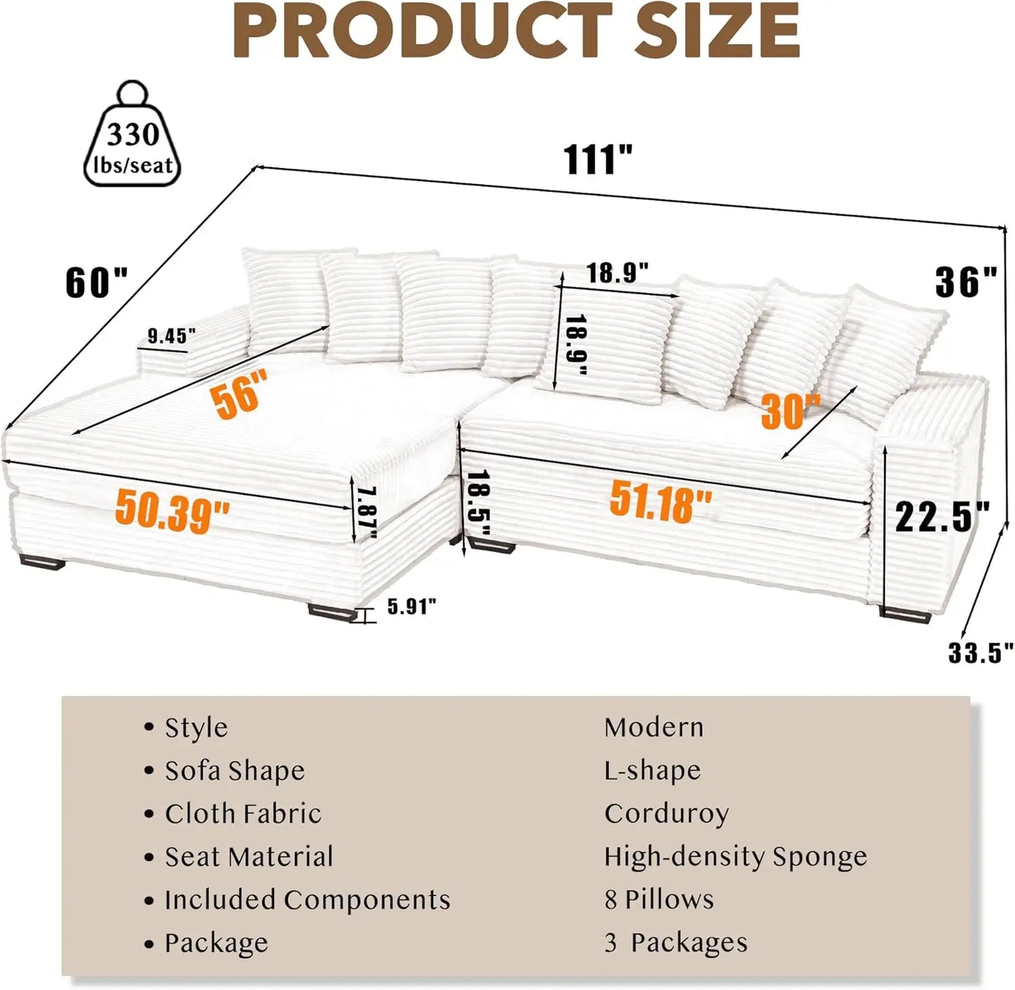 111'' Modern Sectional Sofa, L-Shaped Corduroy Couch