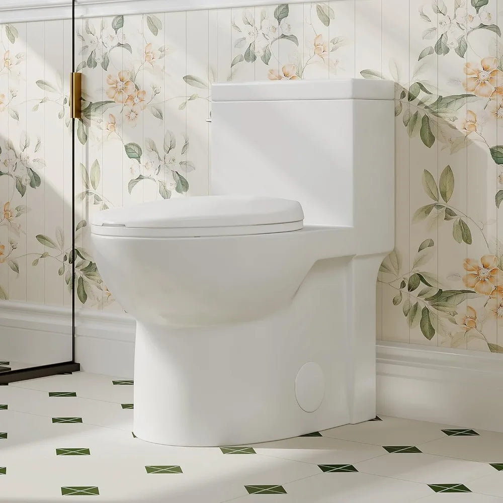 Elongated Toilet with Compact Soft Closing Seat