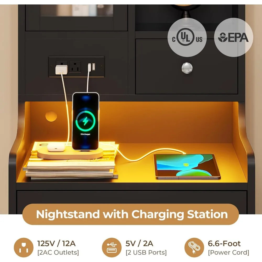 49.2" Black Nightstand Set of 2 with Charging Station